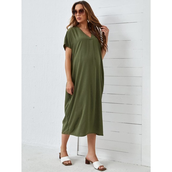 Maternity V neck Solid Tunic midi Dress olive green - Picture 4 of 5